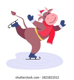 Funny skating bull. Cute ox in red scarf - 2021 character. Happy New Year illustration. Vector