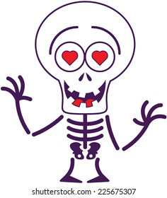 Funny skeleton with big head, red heart eyes and missing teeth while smiling and feeling madly in love