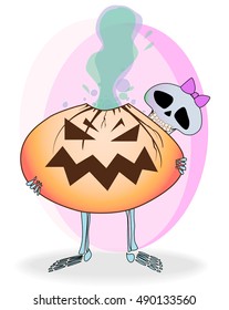funny skeleton character holding glowing pumpkin. Halloween vector illustration