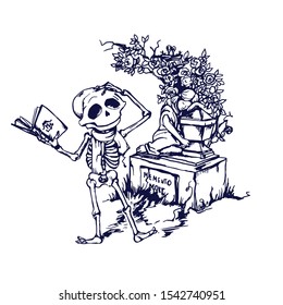 Funny skeleton character is reading poetry on tomb. Memento mory

