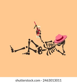 Funny Skeleton  with a cocktail. Cute character Skeleton Bones