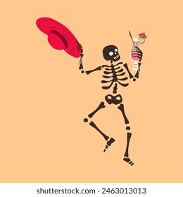 Funny Skeleton  with a cocktail. Cute character Skeleton Bones