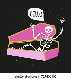 Funny skeleton in the coffin with speech bubble - 'hello'. Vector holiday illustration for Day of the dead, Halloween or Dia de los muertos. Funny card design.