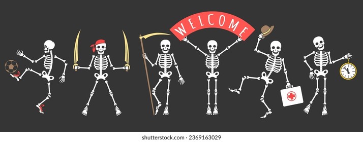 Funny skeleton collection. Humor barebone soccer player pirate cheerful scyth doctor skeletons isolated on black, comic bone frame persons vector illustration