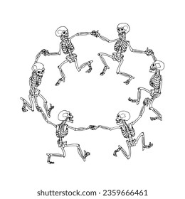 Funny skeleton dance. Halloween celebration. Vector illustration with black lines, isolated on a white background in cartoon style.