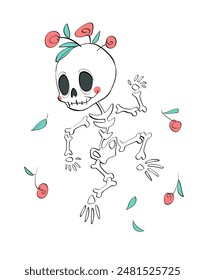 funny skeleton dancing with flowers on his head vector art