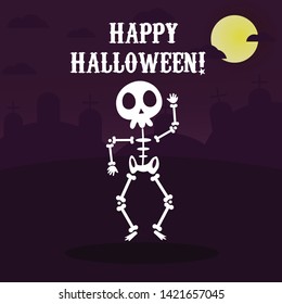 Funny skeleton dancing in Halloween party with halloween background trick & treat