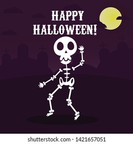 Funny skeleton dancing in Halloween party with halloween background trick & treat