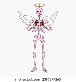 Funny Skeleton with decor for Valentine's day. Cute character Skeleton Bones
