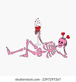 Funny Skeleton with decor for Valentine's day. Cute character Skeleton Bones