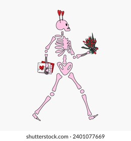 Funny Skeleton with decor for Valentine's day. Cute character Skeleton Bones