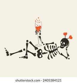 Funny Skeleton with decor for Valentine's day. Cute character Skeleton Bones