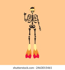 Funny Skeleton in flippers in a diving mask. Cute character Skeleton Bones