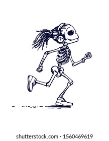 Funny skeleton girl character is jogging. Memento mory
