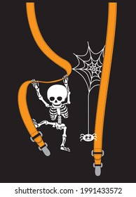 Funny skeleton hanging on suspenders. Halloween kids print on a t-shirt for boys.