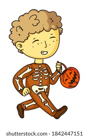 Funny skeleton. Happy funny smiling boy child skeleton holding pumpkin basket for treat isolated on white background. Halloween kid costume vector illustration