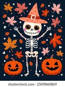 Funny skeleton in a hat with evil pumpkins, hand-drawn drawing. Isolated objects