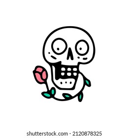 Funny skeleton head with roses, illustration for t-shirt, sticker, or apparel merchandise. With retro cartoon style.