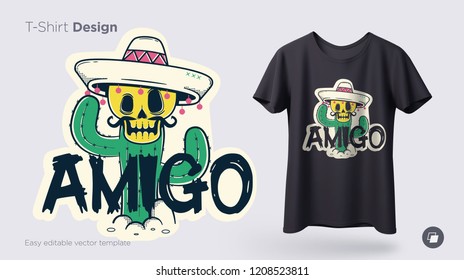 Funny skeleton illustration. Print on T-shirts, sweatshirts and souvenirs. Vector illustration with spanish word friend