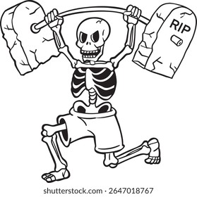 Funny Skeleton Lifting Tombstones Weights in Halloween