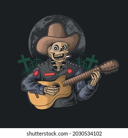 vector de ilustración de guitarra de skeleton divertido