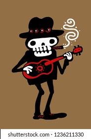 Funny Skeleton Playing Guitar. Blues Music Character. Vector Illustration