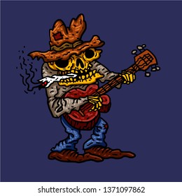 Funny skeleton playing guitar. Blues music character. Vector illustration