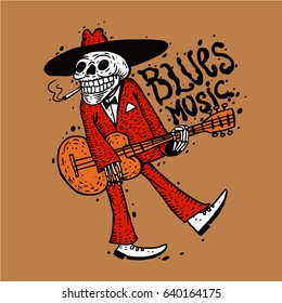  Funny Skeleton Playing Guitar. Blues Music Poster. Vector Illustration