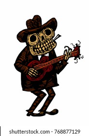  Funny skeleton playing guitar. Blues music poster. vector illustration