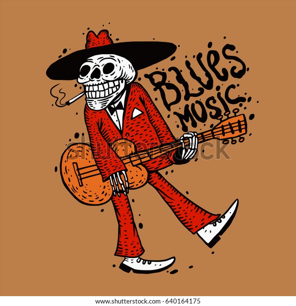  Funny skeleton playing guitar. Blues music\
poster. vector illustration