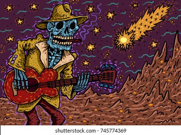  Funny skeleton playing guitar on the space background. Blues music poster. vector illustration