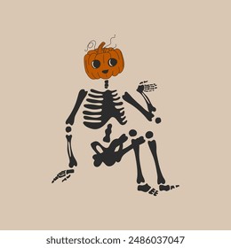 Funny Skeleton with a pumpkin head. Cute character Skeleton Bones