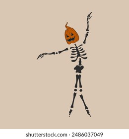 Funny Skeleton with a pumpkin head. Cute character Skeleton Bones