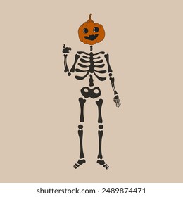 Funny Skeleton with a pumpkin head. Cute character Skeleton Bones