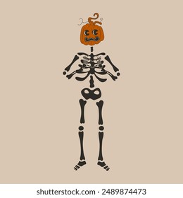 Funny Skeleton with a pumpkin head. Cute character Skeleton Bones