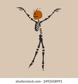 Funny Skeleton with a pumpkin head. Cute character Skeleton Bones