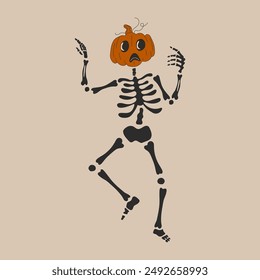 Funny Skeleton with a pumpkin head. Cute character Skeleton Bones