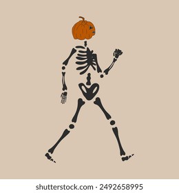 Funny Skeleton with a pumpkin head. Cute character Skeleton Bones