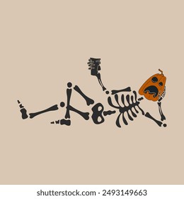 Funny Skeleton with a pumpkin head. Cute character Skeleton Bones