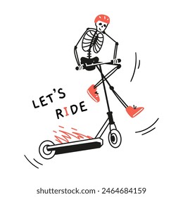 Funny skeleton in red helmet and sneakers making trick on stunt scooter on fire line vector illustration.