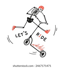 Funny skeleton in red helmet and sneakers making trick on stunt scooter on fire line vector illustration.