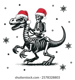 Funny skeleton riding a dinosaur Merry Christmas graphic design