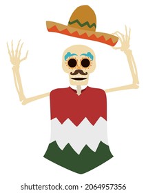 Funny skeleton saluting at you, wearing a Mexican charro hat, poncho and traditional decorations on its face for Day of the Dead. Character in flat style.