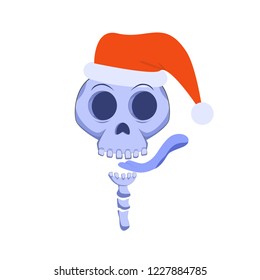  Funny skeleton in Santa hat. Print for shirt or poster. Happy New Year card with skull. Vector cartoon illustration on white background.