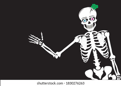 Funny skeleton, says hello, crack and clover on the head. Halloween and St. Patrick's Day holidays. cartoon character