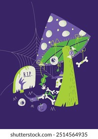 funny skeleton sits under a mushroom and eats sweets. Bright funny card, banner for Halloween. Traditional sweets for Halloween. Tombstone with hand. Vector illustration