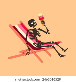 Funny Skeleton sitting on a deck chair with an ice cream. Cute character Skeleton Bones