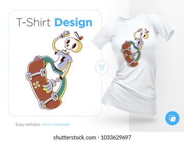 Funny skeleton skater. Print on T-shirts, sweatshirts and souvenirs. Vector illustration.