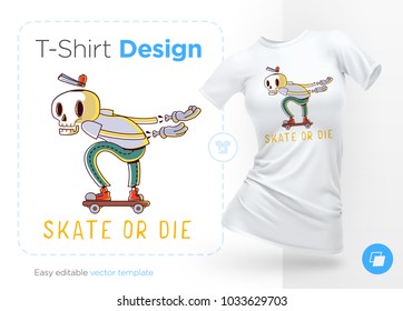 Funny skeleton skater. Print on T-shirts, sweatshirts and souvenirs. Vector illustration.