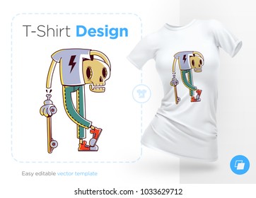 Gracioso skeleton. Impresión en pantalones, sudaderas y recuerdos. Ilustración vectorial.